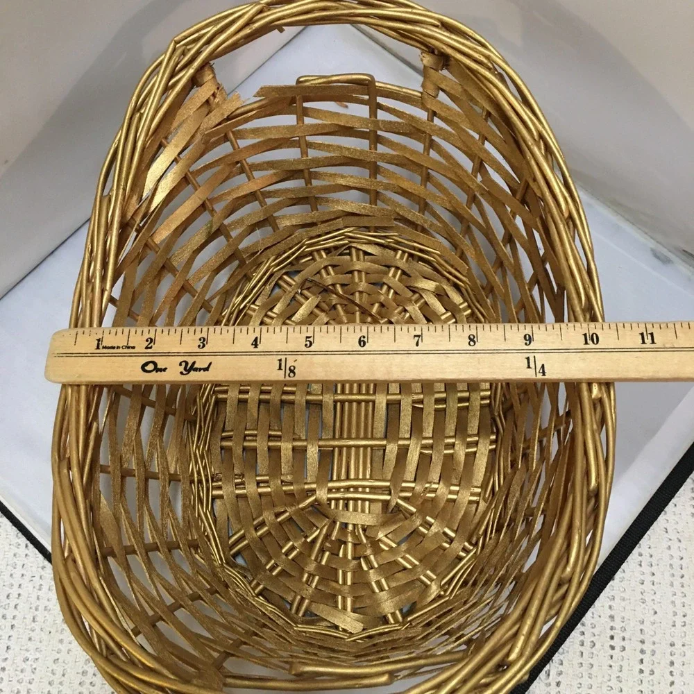 Woven Wicker Basket Home Decor OS Gold Metallic Oval Handled Storage Holiday